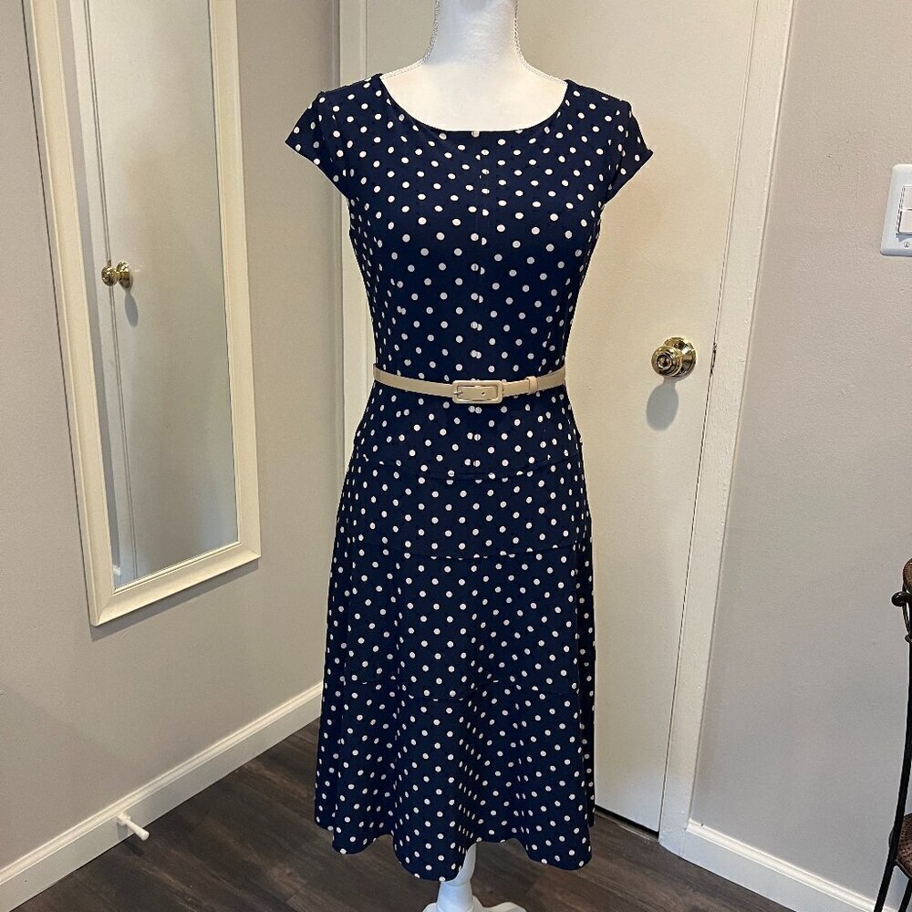 Jones Studio Navy Polka Dot Belted Fit and Flare Midi Dress, Size 4